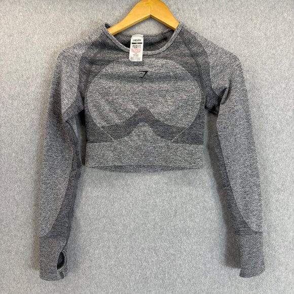 Gymshark Flex Long Sleeve Crop Top Charcoal Grey Marl Cut Out‎ Size Medium Gym - Picture 1 of 12